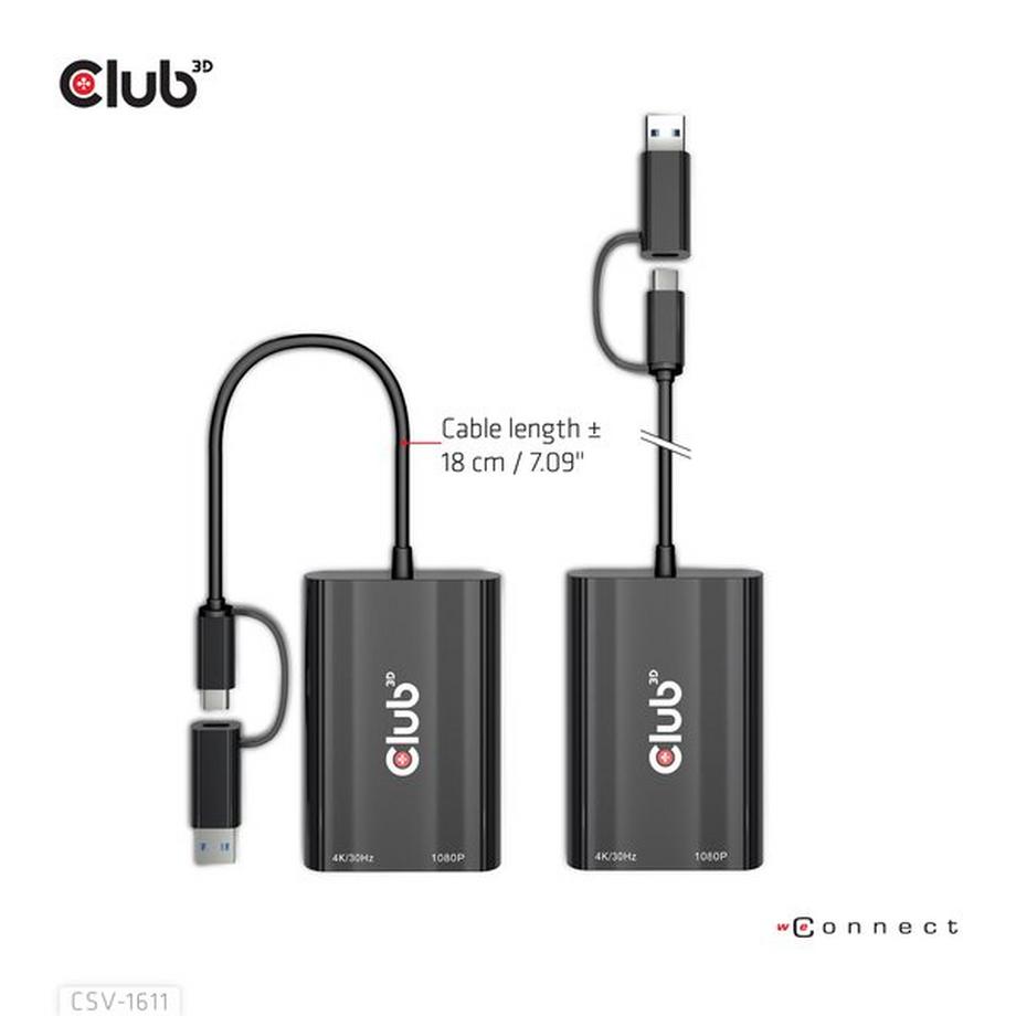 Club3D  USB Gen1 Type-C/-A to Dual HDMI (4K/30Hz) / VGA (1080/60Hz) 