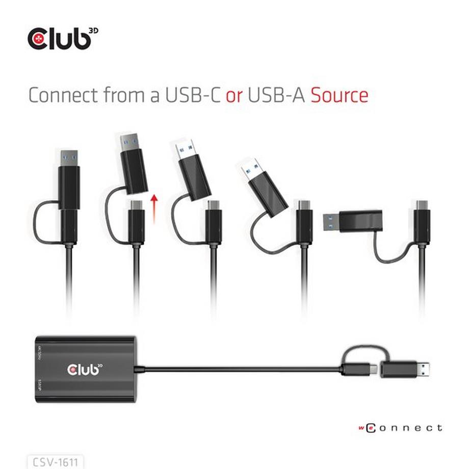 Club3D  USB Gen1 Type-C/-A to Dual HDMI (4K/30Hz) / VGA (1080/60Hz) 