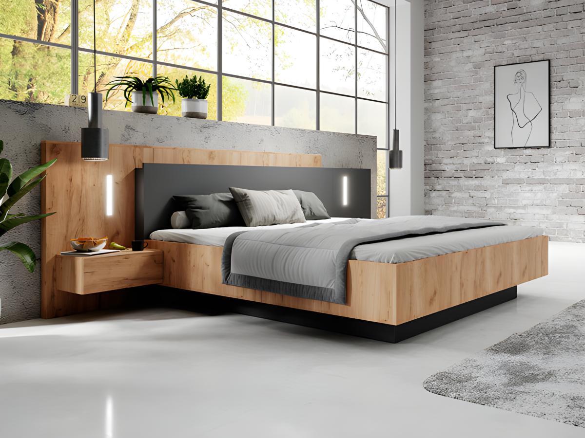 Vente-unique Letto con contenitore con comodini 2 cassetti Con LED 140 x 190 cm Naturale e Antracite + Materasso - FRANCOLI  