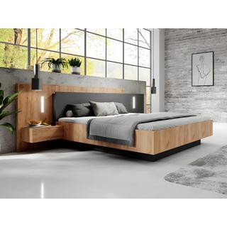 Vente-unique Bett mit Bettkasten mit Nachttischen - 140 x 190 cm - 2 Schubladen - Mit LED-Beleuchtung - Holzfarben & Anthrazit + Matratze - FRANCOLI  