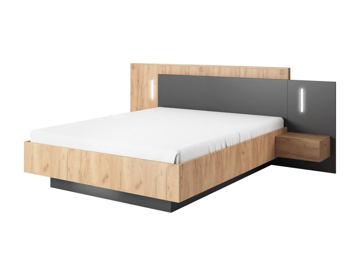 Vente-unique Letto con contenitore con comodini 2 cassetti Con LED 140 x 190 cm Naturale e Antracite + Materasso - FRANCOLI  