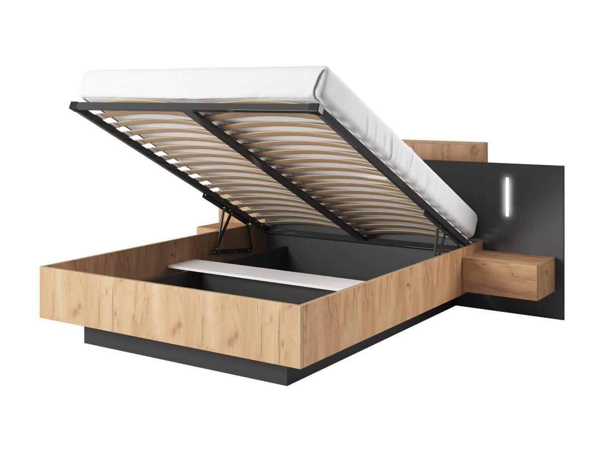 Vente-unique Lit coffre avec chevets 140 x 190 cm - 2 tiroirs - Avec LEDs - Coloris : Naturel et anthracite + Matelas - FRANCOLI  