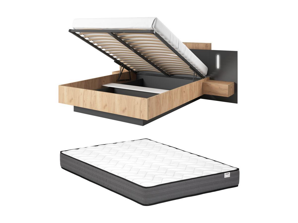 Vente-unique Bett mit Bettkasten mit Nachttischen - 140 x 190 cm - 2 Schubladen - Mit LED-Beleuchtung - Holzfarben & Anthrazit + Matratze - FRANCOLI  