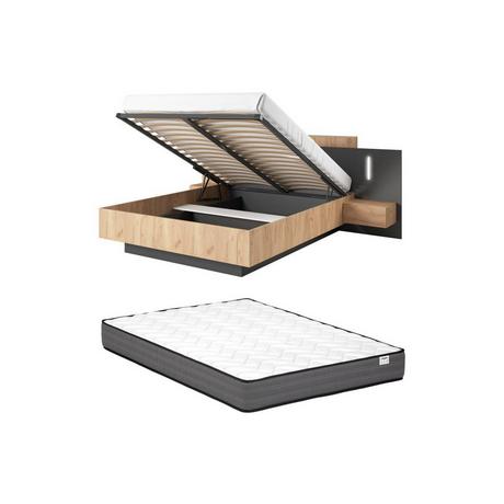 Vente-unique Lit coffre avec chevets 140 x 190 cm - 2 tiroirs - Avec LEDs - Coloris : Naturel et anthracite + Matelas - FRANCOLI  