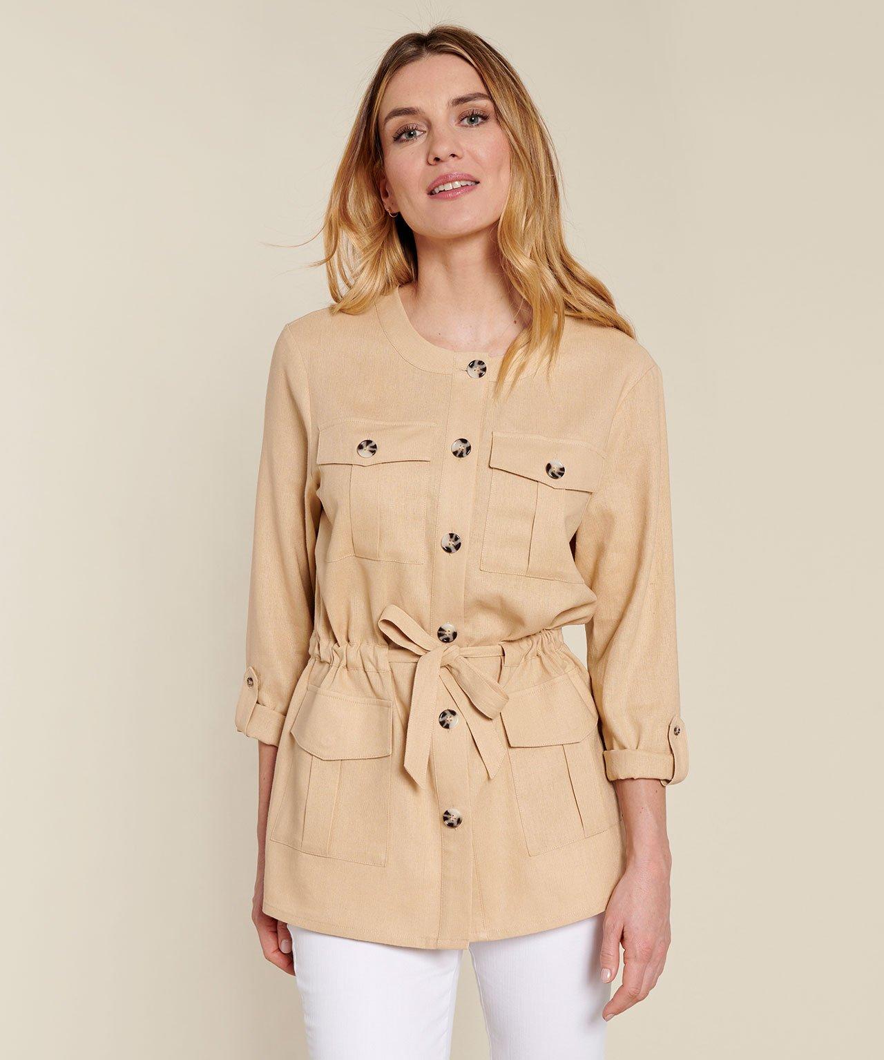 Image of Safari-jacke Aus Leinenmix, Rundhalsausschnitt, Durchgehende Knopfleiste Mit Knöpfen In Horn-optik. Unisex Braun 44