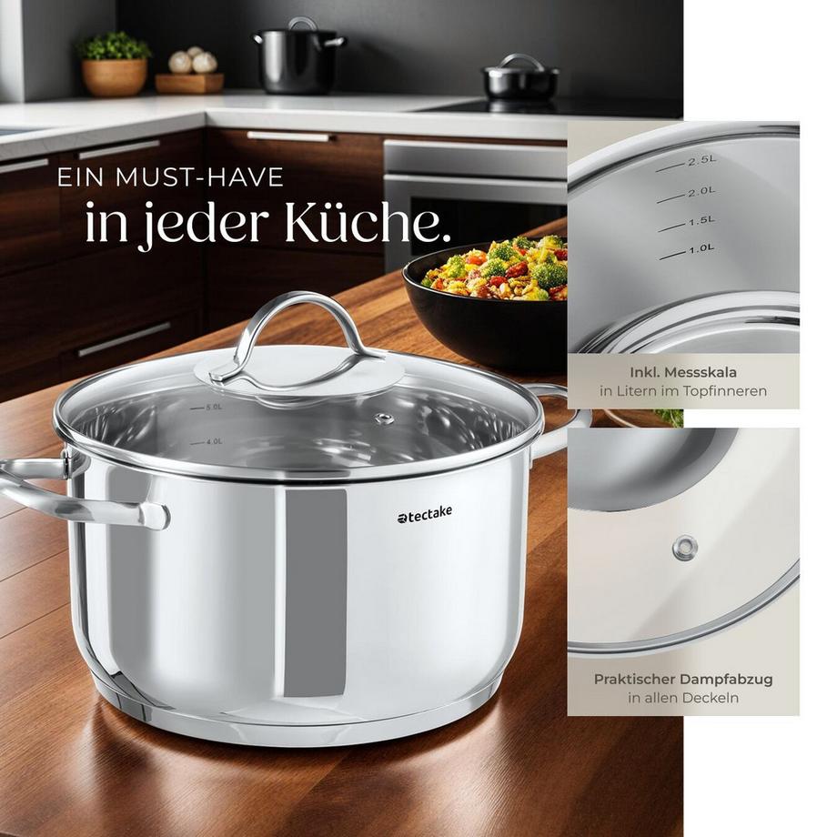 Tectake Kochtopfset Bologna II 9-teilig, aus Edelstahl, für Induktion geeignet Stielkasserolle, 4 Kochtöpfe mit Deckel  