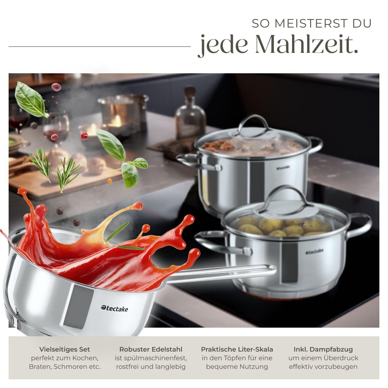 Tectake Set di pentole Bologna II 9 pezzi, in acciaio inossidabile, adatto per induzione  