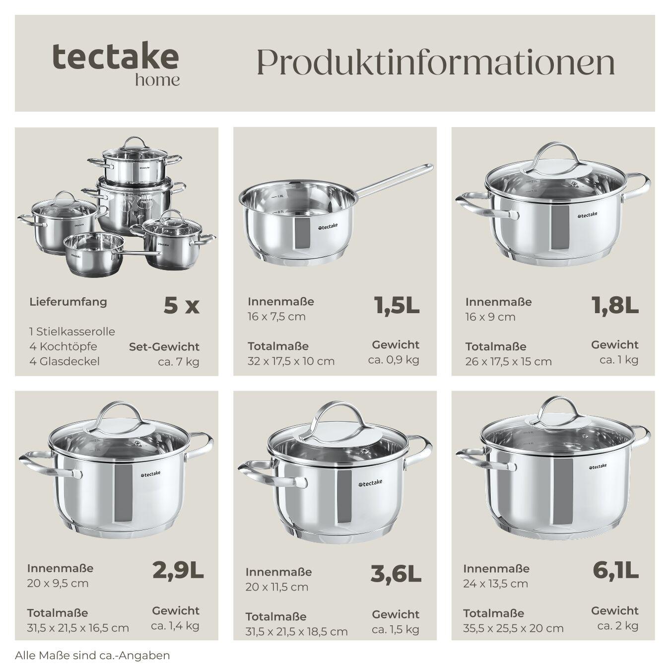 Tectake Set di pentole Bologna II 9 pezzi, in acciaio inossidabile, adatto per induzione  