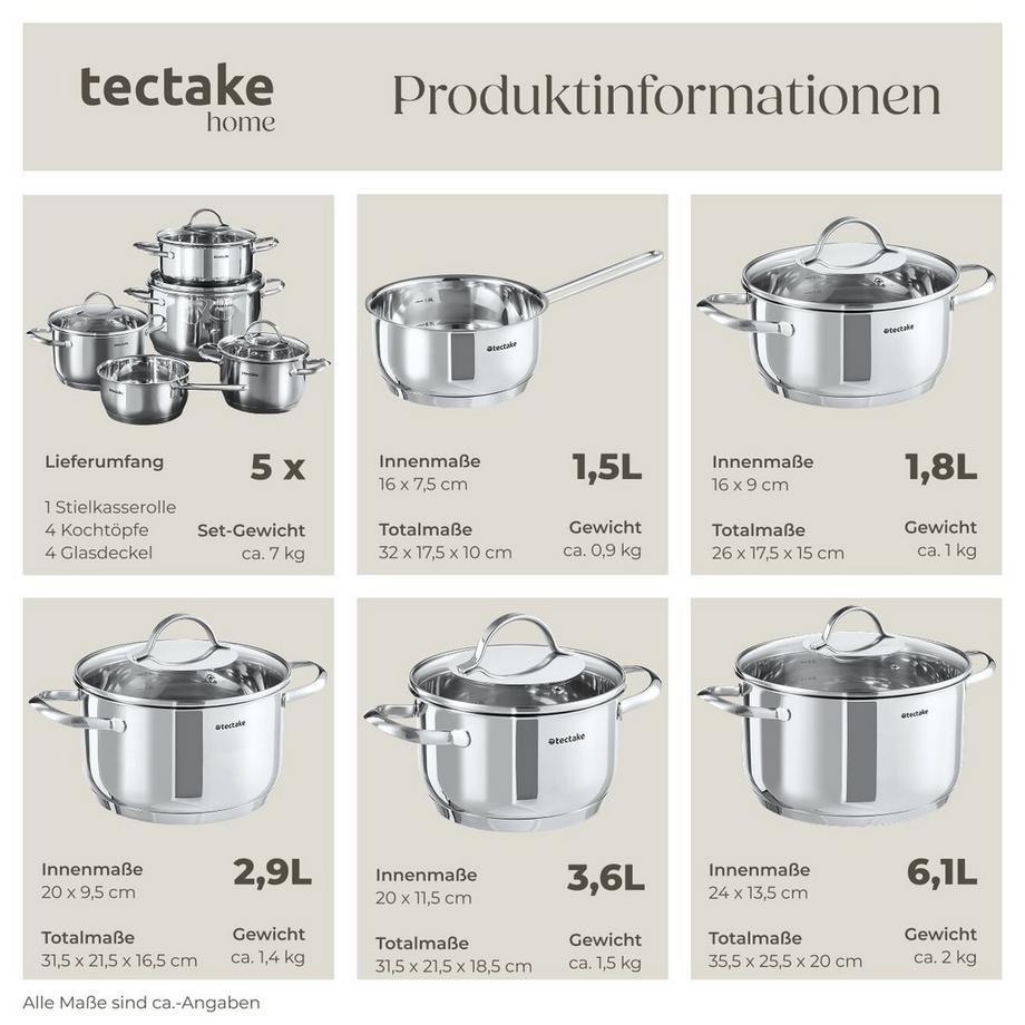 Tectake Kochtopfset Bologna II 9-teilig, aus Edelstahl, für Induktion geeignet Stielkasserolle, 4 Kochtöpfe mit Deckel  
