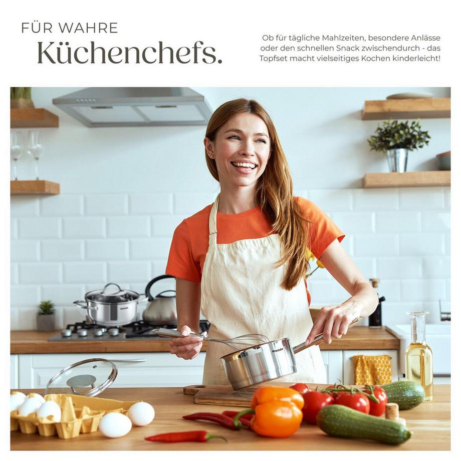 Tectake Kochtopfset Bologna II 9-teilig, aus Edelstahl, für Induktion geeignet Stielkasserolle, 4 Kochtöpfe mit Deckel  