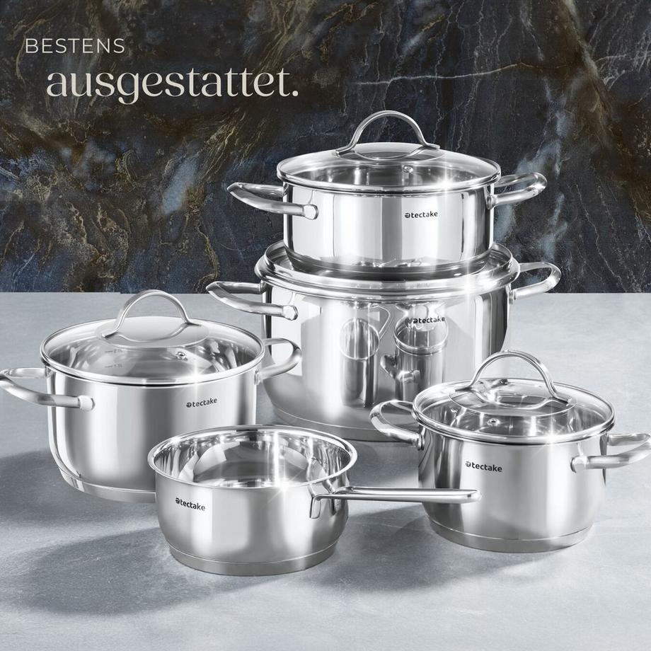 Tectake Kochtopfset Bologna II 9-teilig, aus Edelstahl, für Induktion geeignet Stielkasserolle, 4 Kochtöpfe mit Deckel  