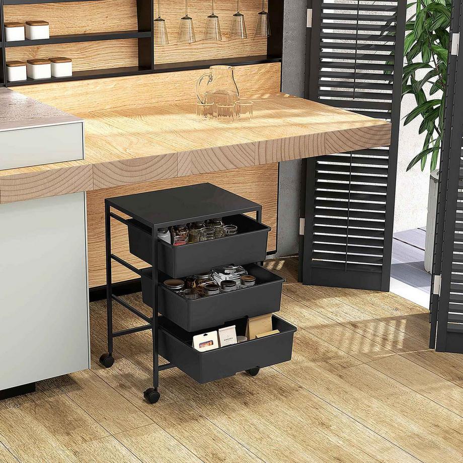 Northio Rollwagen, Servierwagen mit 3 Etagen, Griffe, Aufbewahrungswagen für Küche, Wohnzimmer, 40,8 x 33,5 x 60,5 cm, Schwarz  