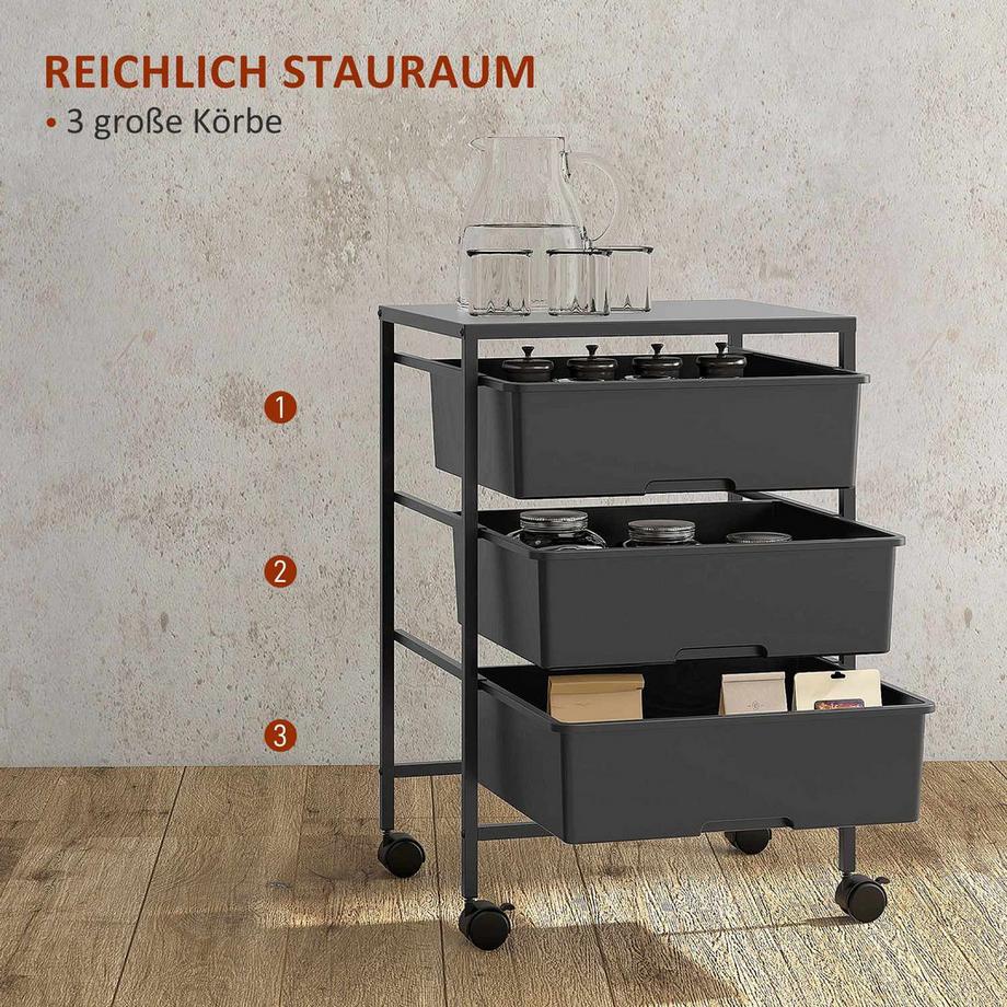 Northio Rollwagen, Servierwagen mit 3 Etagen, Griffe, Aufbewahrungswagen für Küche, Wohnzimmer, 40,8 x 33,5 x 60,5 cm, Schwarz  