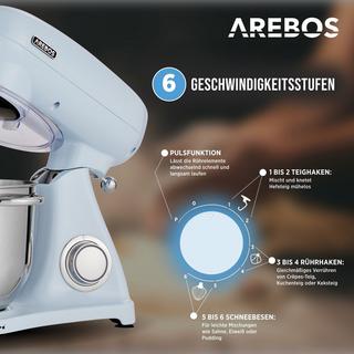 Arebos Küchenmaschine 1800W 6L Edelstahl-Rührschüssel Geräuscharm 6 Stufen  