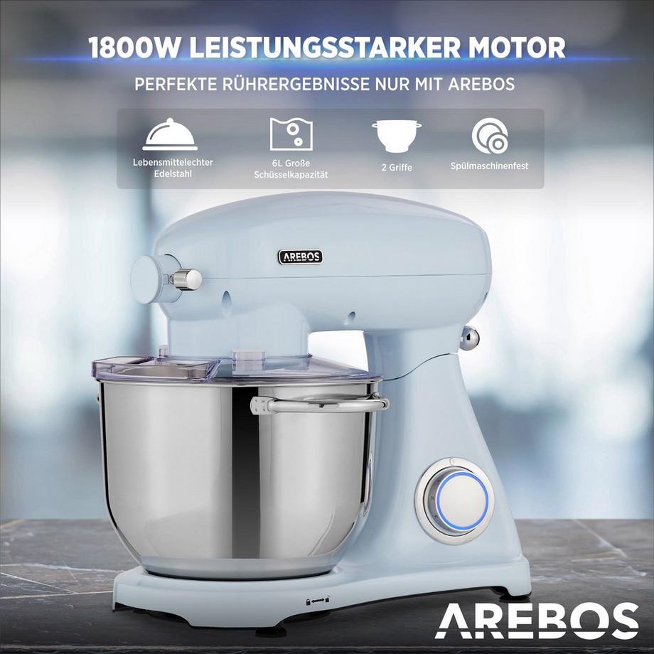 Arebos Robot de Cuisine 1800W 6L Acier inoxydable-Bol mélangeur 6 étapes  