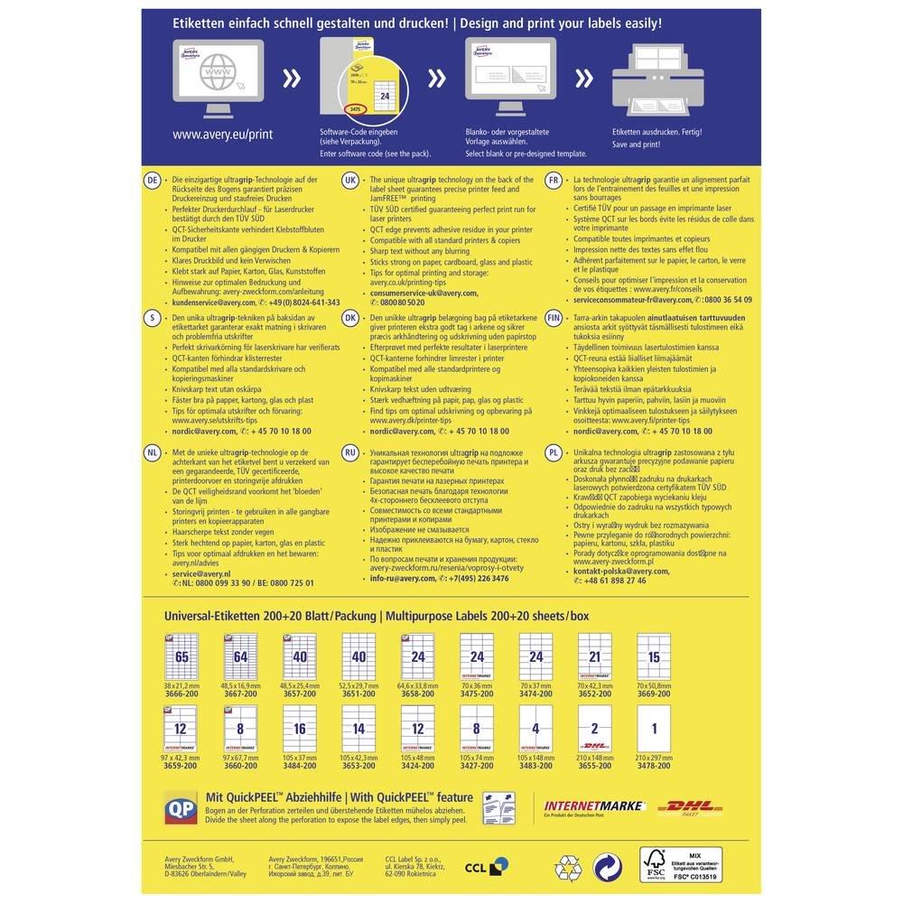 Avery-Zweckform Universal-Etiketten 52.5 x 29.7 mm Papier Weiß 8800 St. Permanent haftend Laserdrucker  