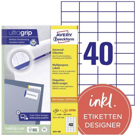 Avery-Zweckform Universal-Etiketten, Permanent mit Ultragrip, 52.5 x 29.7 mm, Inkjet, Laser s/w, Farblaser, A4  