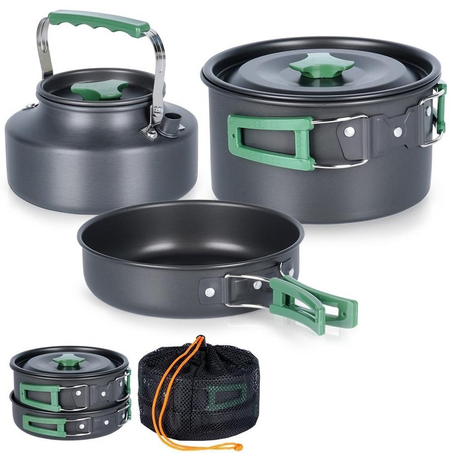 Ensemble de cuisine de camping compact : casserole, poêle, bouilloire