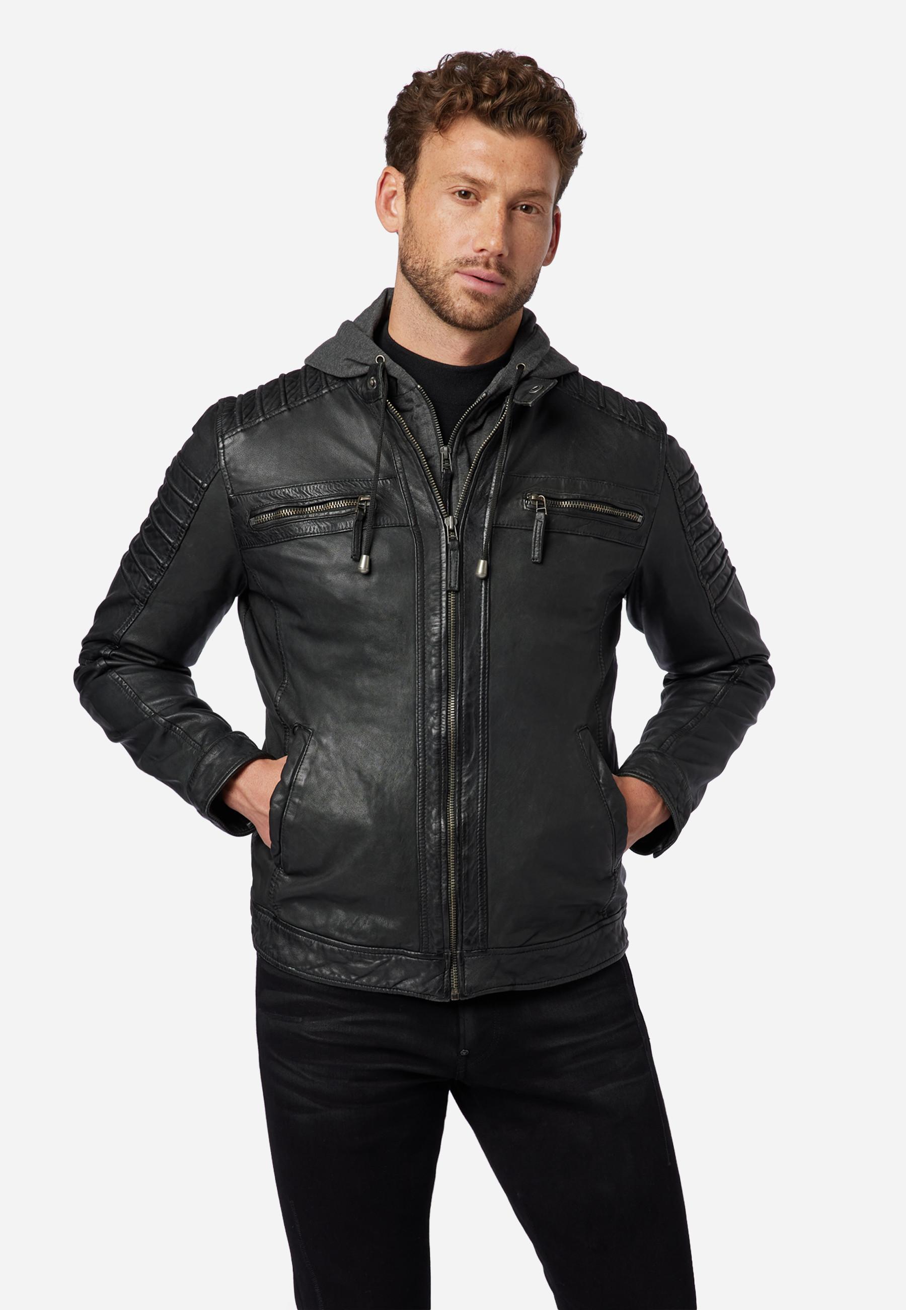 RICANO  Lederjacke 12815 Hood, Bikerstil mit abtrennbarer Kapuze 