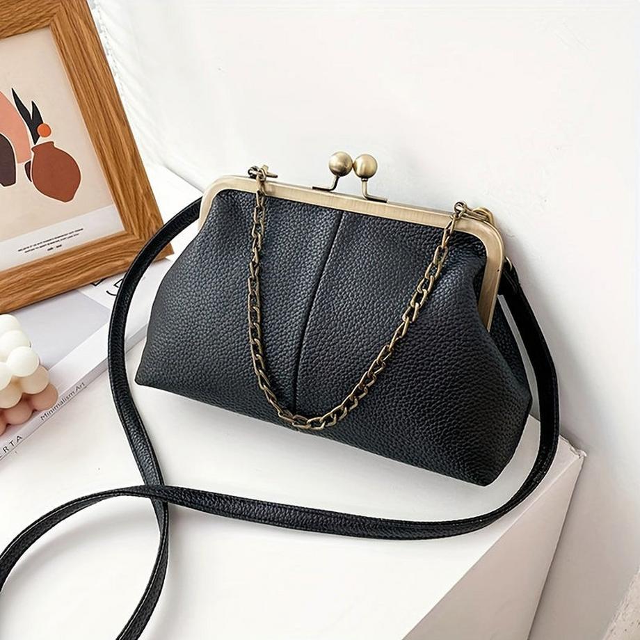 Fashion Chain Decor Shoulder Crossbody Bag Vintage Solid Color Clip Handbag