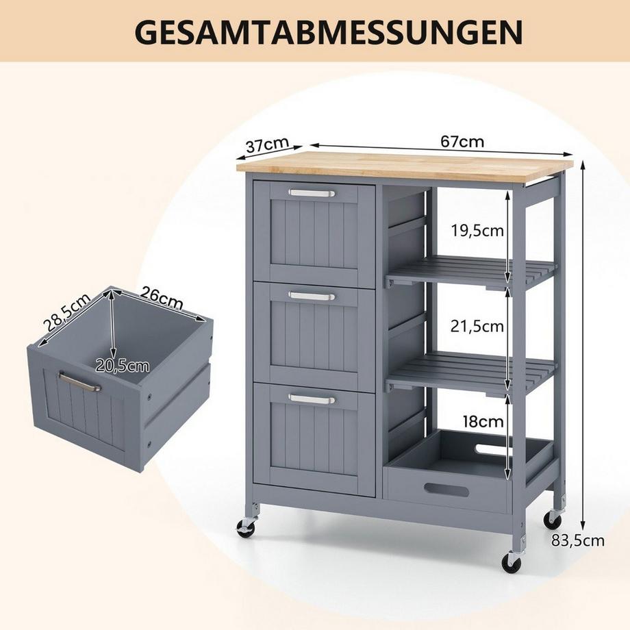 Northix Carrello da cucina con vassoio e cassetti  