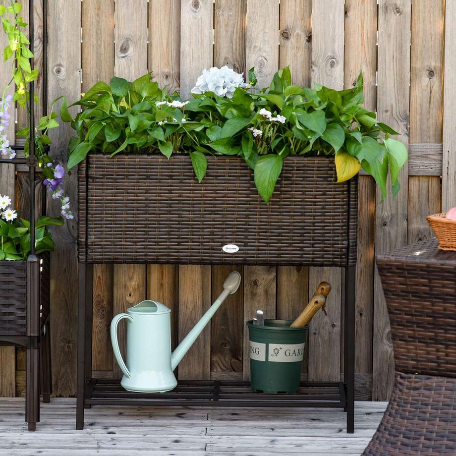 Northio Fioriera Con Aiuola Rialzata In Polyrattan Con Piedini Vaso Da Fiori Con Ripiano Marrone 70 X 30 X 72 Cm  