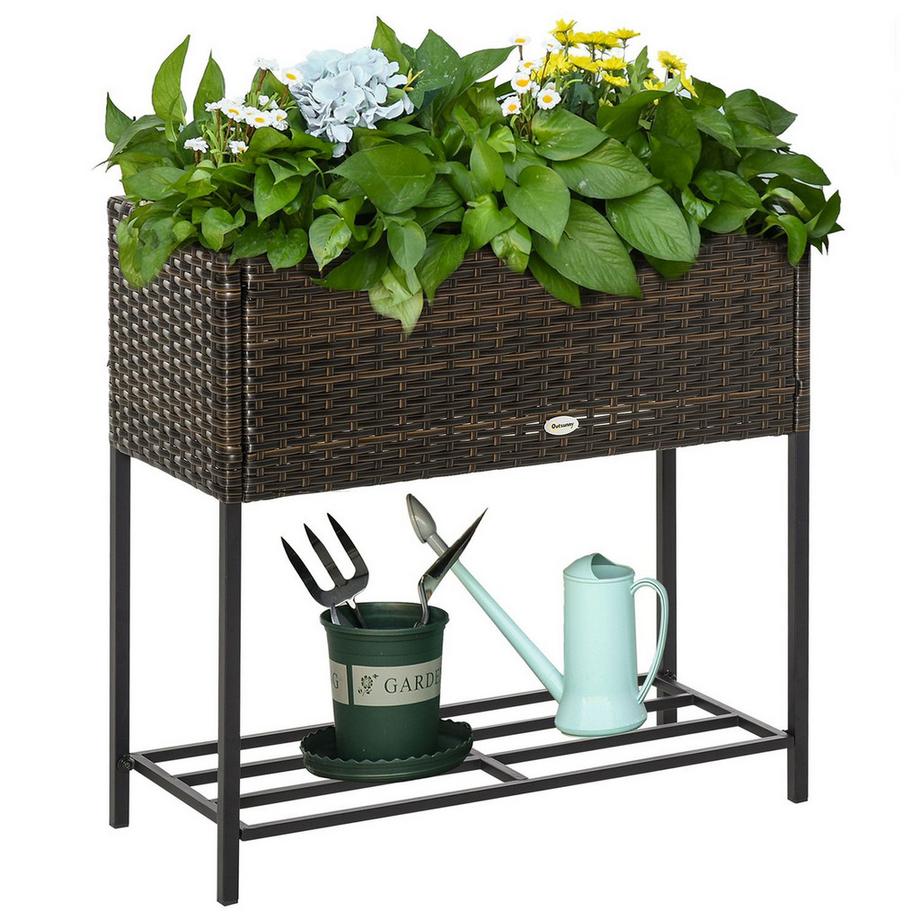 Fioriera Con Aiuola Rialzata In Polyrattan Con Piedini Vaso Da Fiori Con Ripiano Marrone 70 X 30 X 72 Cm