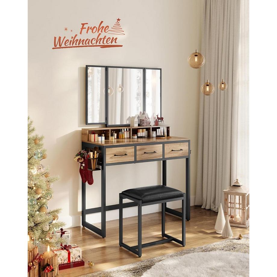 Pricenet  Vanité de maquillage élégante avec triple miroir et nombreux rangements 