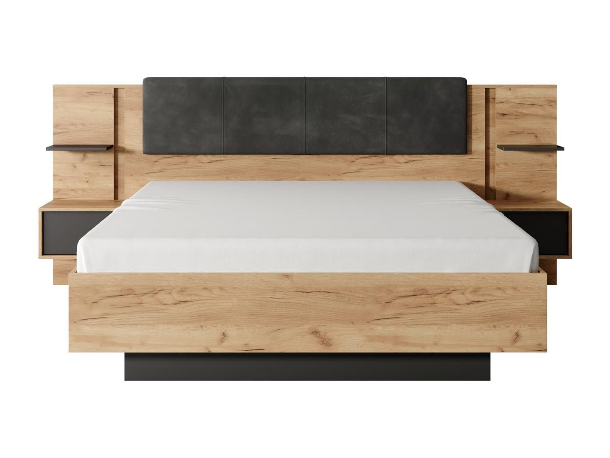 Vente-unique Lit avec chevets 140 x 190 cm - Avec LEDs - Coloris : Naturel et anthracite + Sommier - ELYNIA  