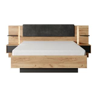 Vente-unique Lit avec chevets 140 x 190 cm - Avec LEDs - Coloris : Naturel et anthracite + Sommier - ELYNIA  