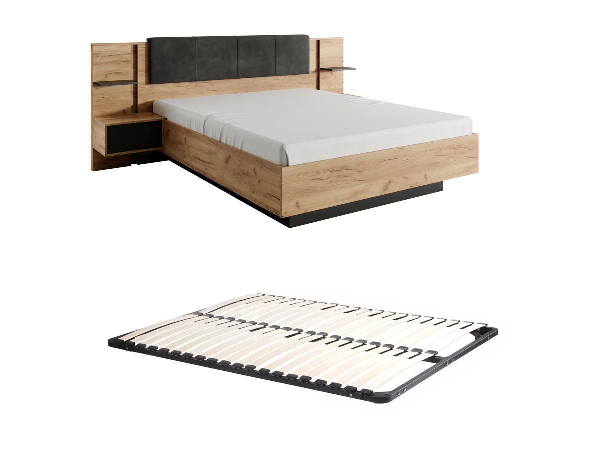 Image of Bett mit Nachttischen + Lattenrost - 140 x 190 cm - Mit LED-Beleuchtung - Holzfarben & Anthrazit - ELYNIA Bett mit Nachttischen + Lattenrost - 140 x 190 cm - Mit LED-Beleuchtung - Holzfarben & Anthrazit - ELYNIA