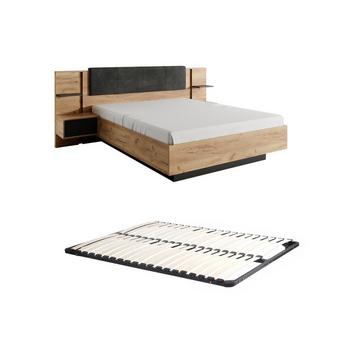 Lit avec chevets 140 x 190 cm - Avec LEDs - Coloris : Naturel et anthracite + Sommier - ELYNIA