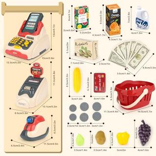 Activity-board  Ensemble de jeu - caisse enregistreuse de supermarché avec scanner, carte de crédit, nourriture pour jouets, argent fictif et panier. 