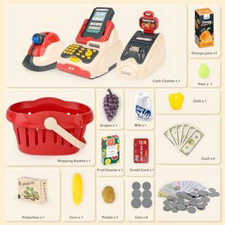 Activity-board  Spielset- Supermarktkasse mit Scanner, Kreditkarte, Spielzeuglebensmittel, Spielgeld und 