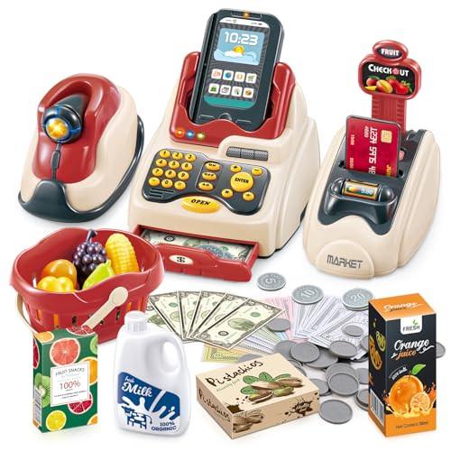 Activity-board  Spielset- Supermarktkasse mit Scanner, Kreditkarte, Spielzeuglebensmittel, Spielgeld und 