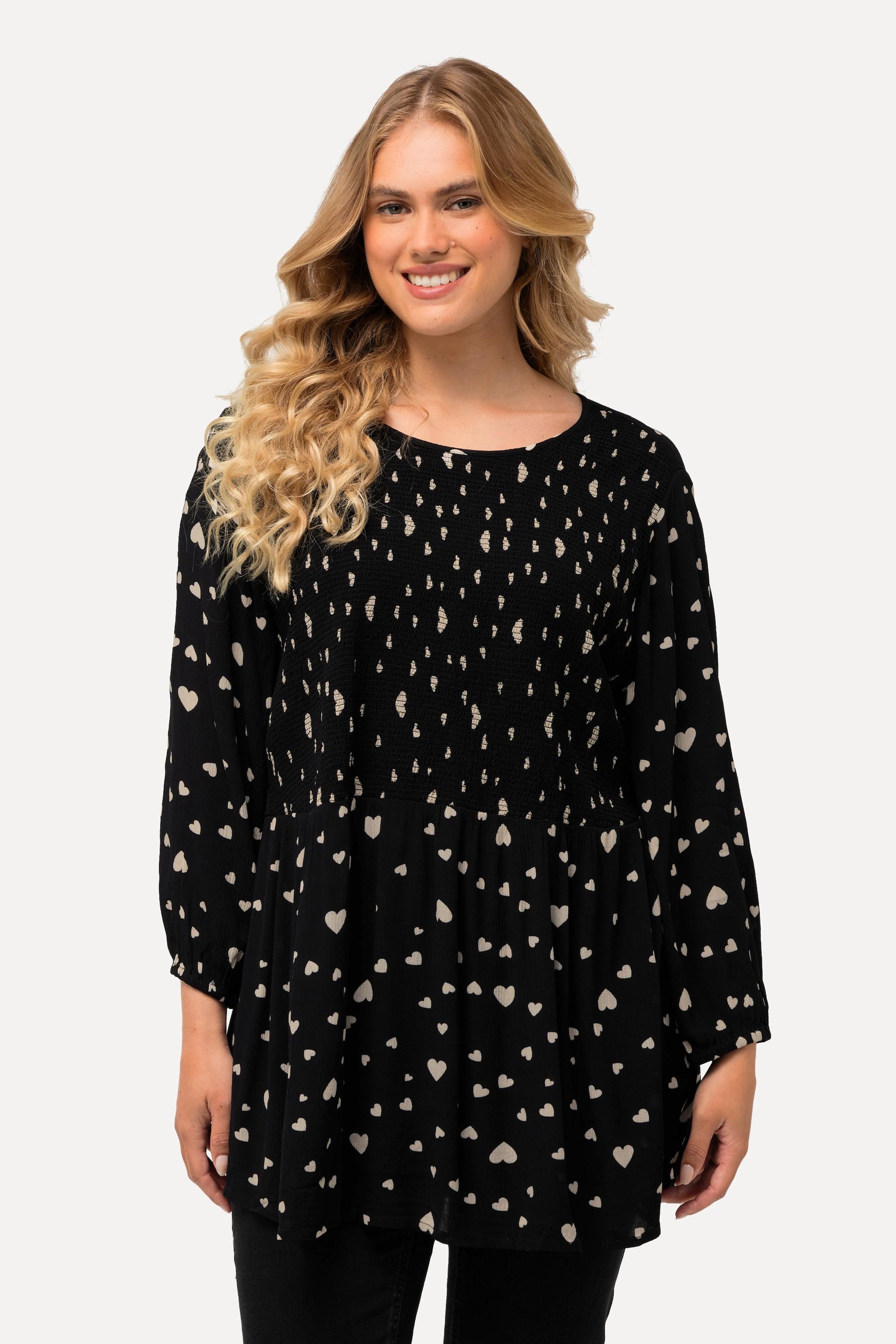 Ulla Popken  Blusa dal taglio svasato a punto smock con cuori, scollo a girocollo e maniche a 3/4 