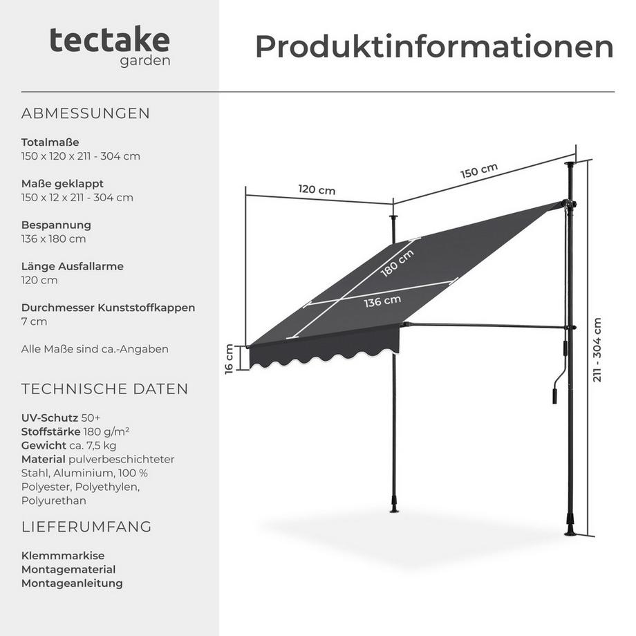 Tectake Tenda a morsetto  con manovella  