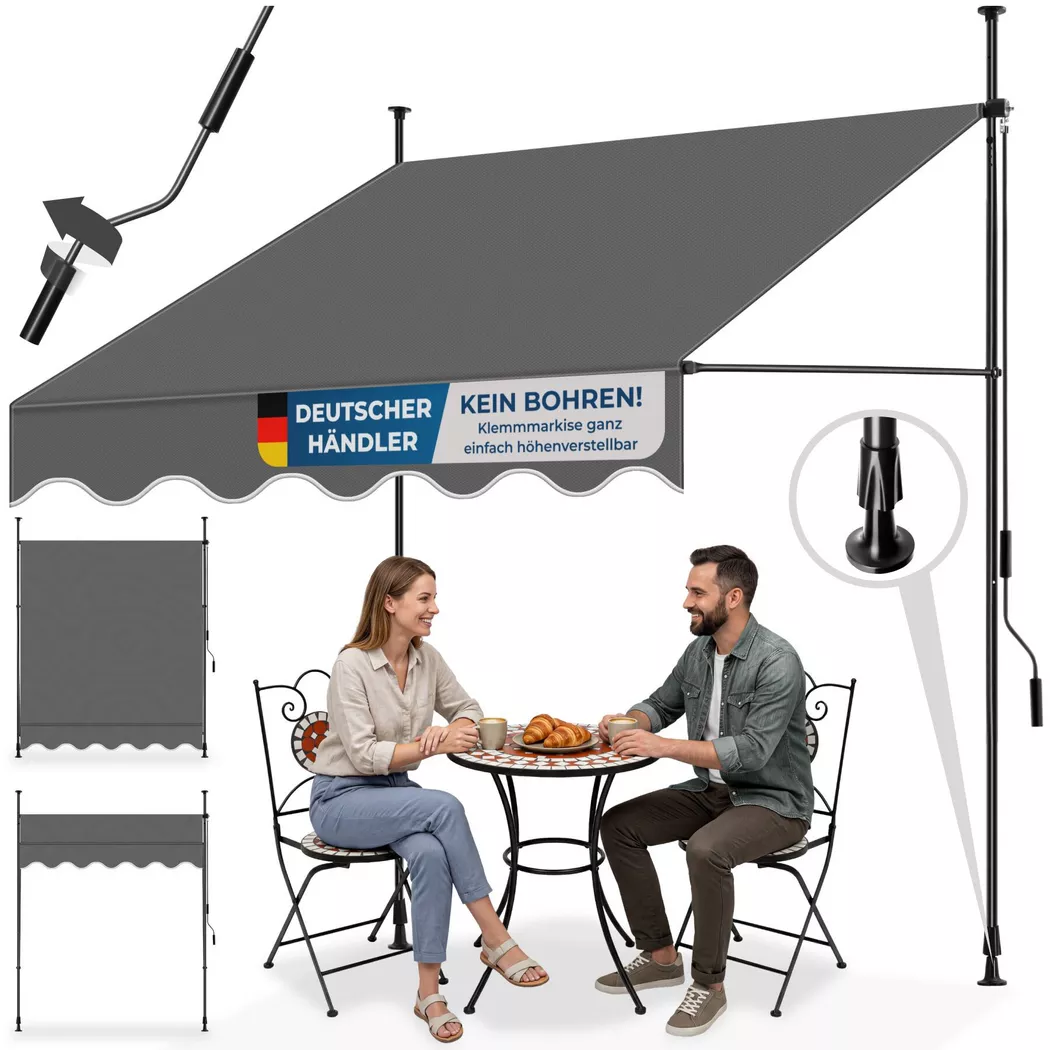 tectake® Klemmmarkise mit Handkurbel, ohne Bohren, UV-beständig, bis 90° neigbar, wasserabweisend