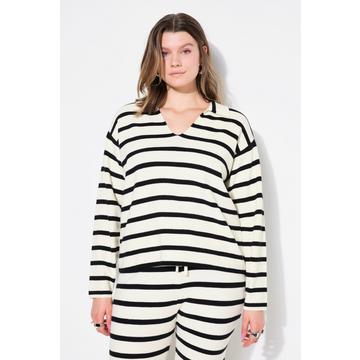 Polo-Pullover, oversize, Strukturstrick mit Ringeln