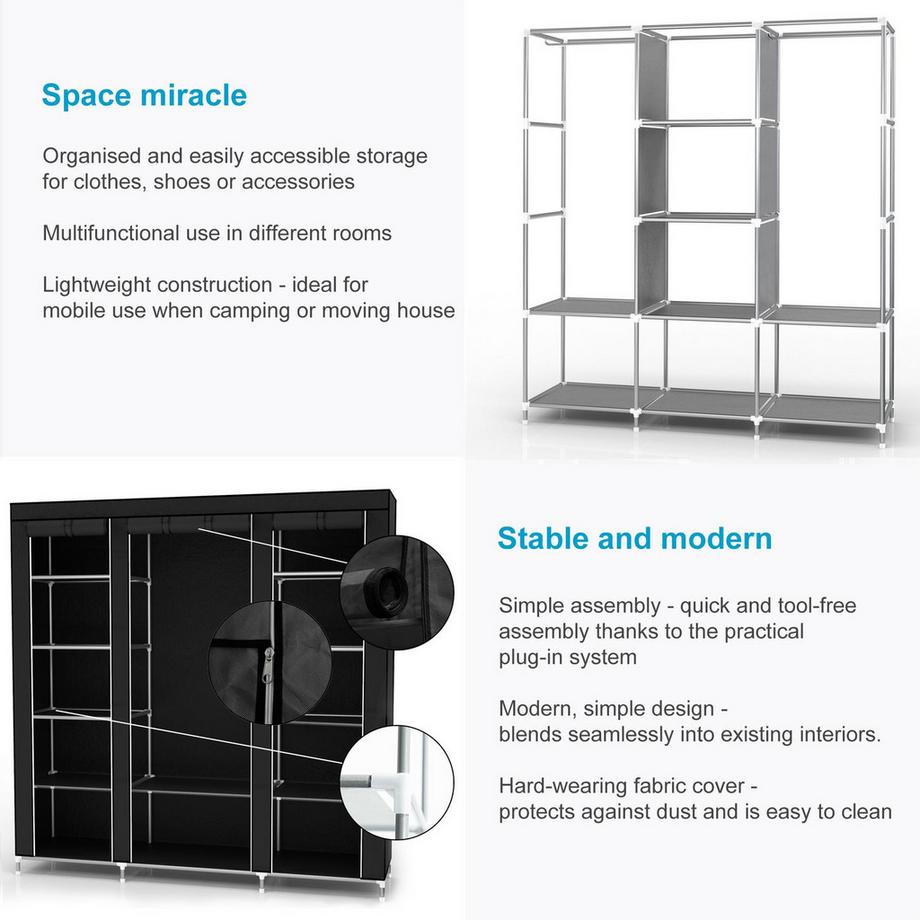 Intirilife Faltbarer Kleiderschrank mit Kleiderstange, Fächern und Seitentasche  