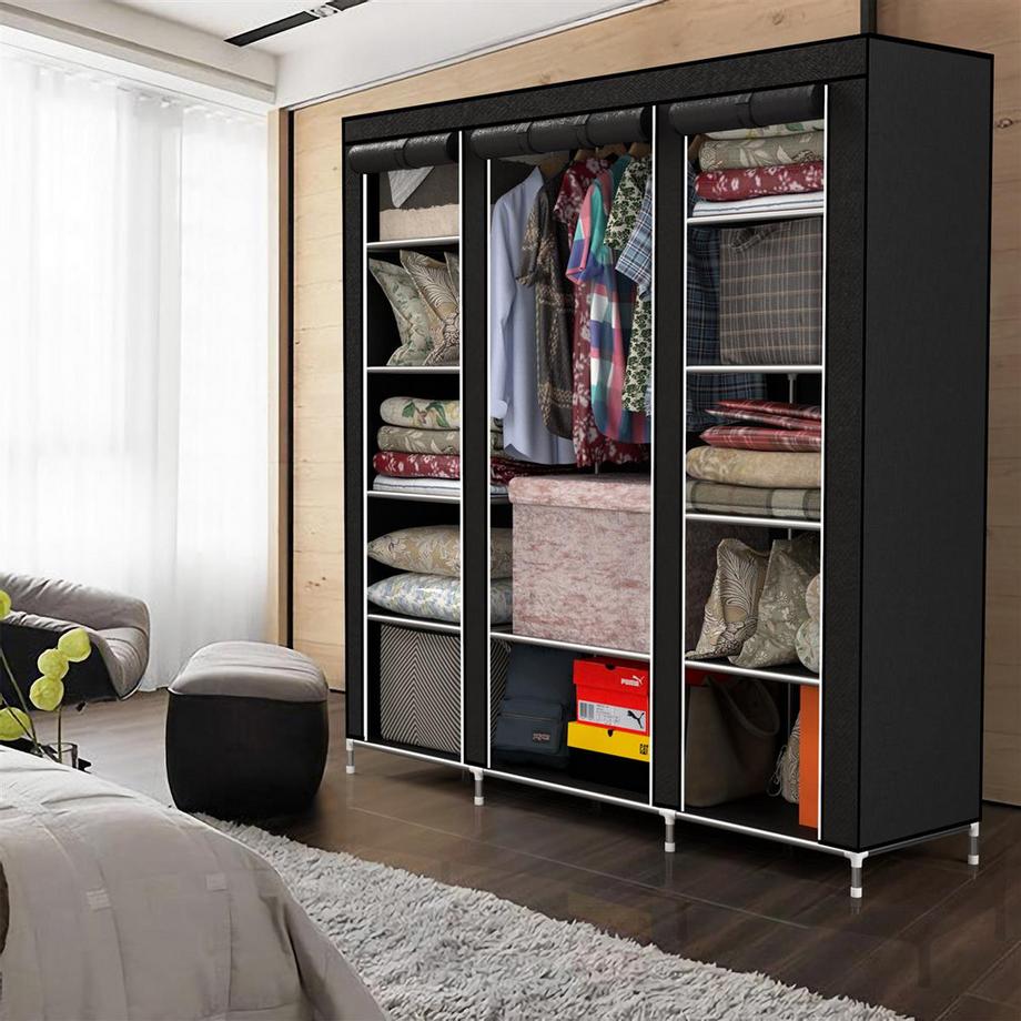 Intirilife Faltbarer Kleiderschrank mit Kleiderstange, Fächern und Seitentasche  