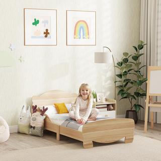 Northio Lit enfant 143,5 x 80 cm, lit maison en bois massif, lit d'adolescent avec protection contre les chutes, lit de jeu pouvant supporter jusqu'à 80 kg, lit simple avec motif ours pour chambre d'enfant, bois naturel  