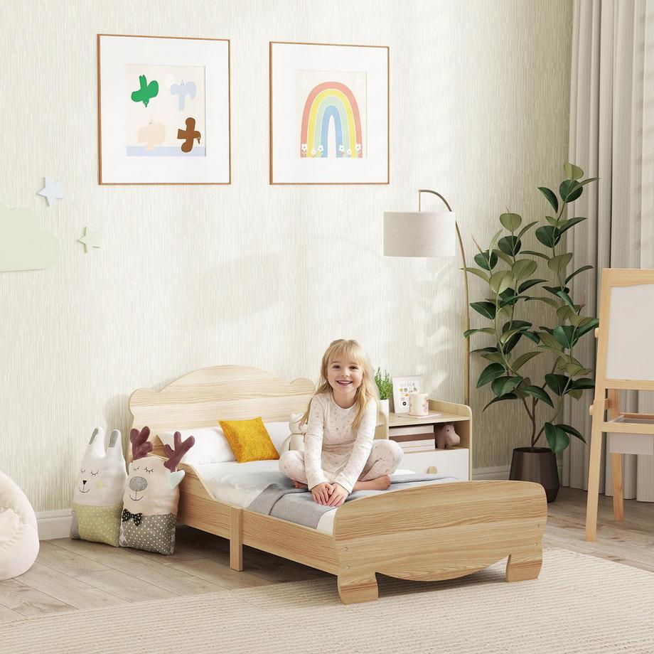 Northio Kinderbett 143,5 x 80 cm Hausbett aus Massivholz Jugendbett mit Rausfallschutz, Spielbett bis 80 kg belastbar Einzelbett mit Bären-Design für Kinderzimmer Naturholz |  