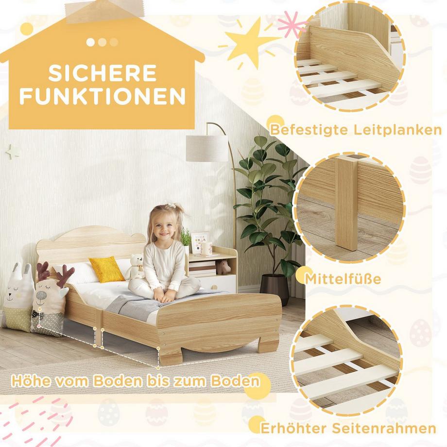 Northio Kinderbett 143,5 x 80 cm Hausbett aus Massivholz Jugendbett mit Rausfallschutz, Spielbett bis 80 kg belastbar Einzelbett mit Bären-Design für Kinderzimmer Naturholz |  