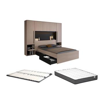 Lit pont 160 x 200 cm avec rangements - Avec LEDs - Coloris : Naturel et noir + Sommier + Matelas - VELONA