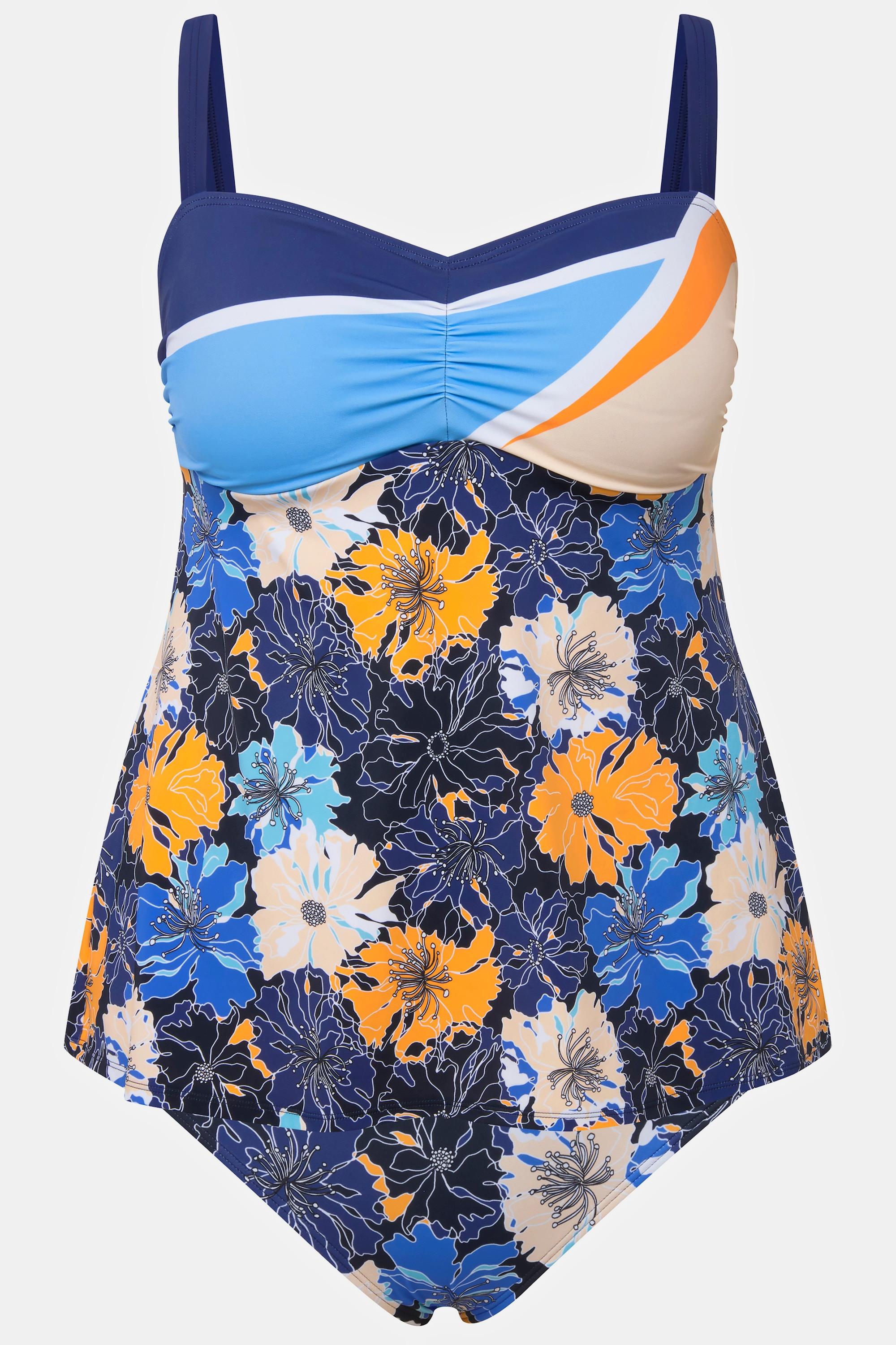 Ulla Popken  Tankini con fiori, materiale riciclato, spalline regolabili e coppe morbide 