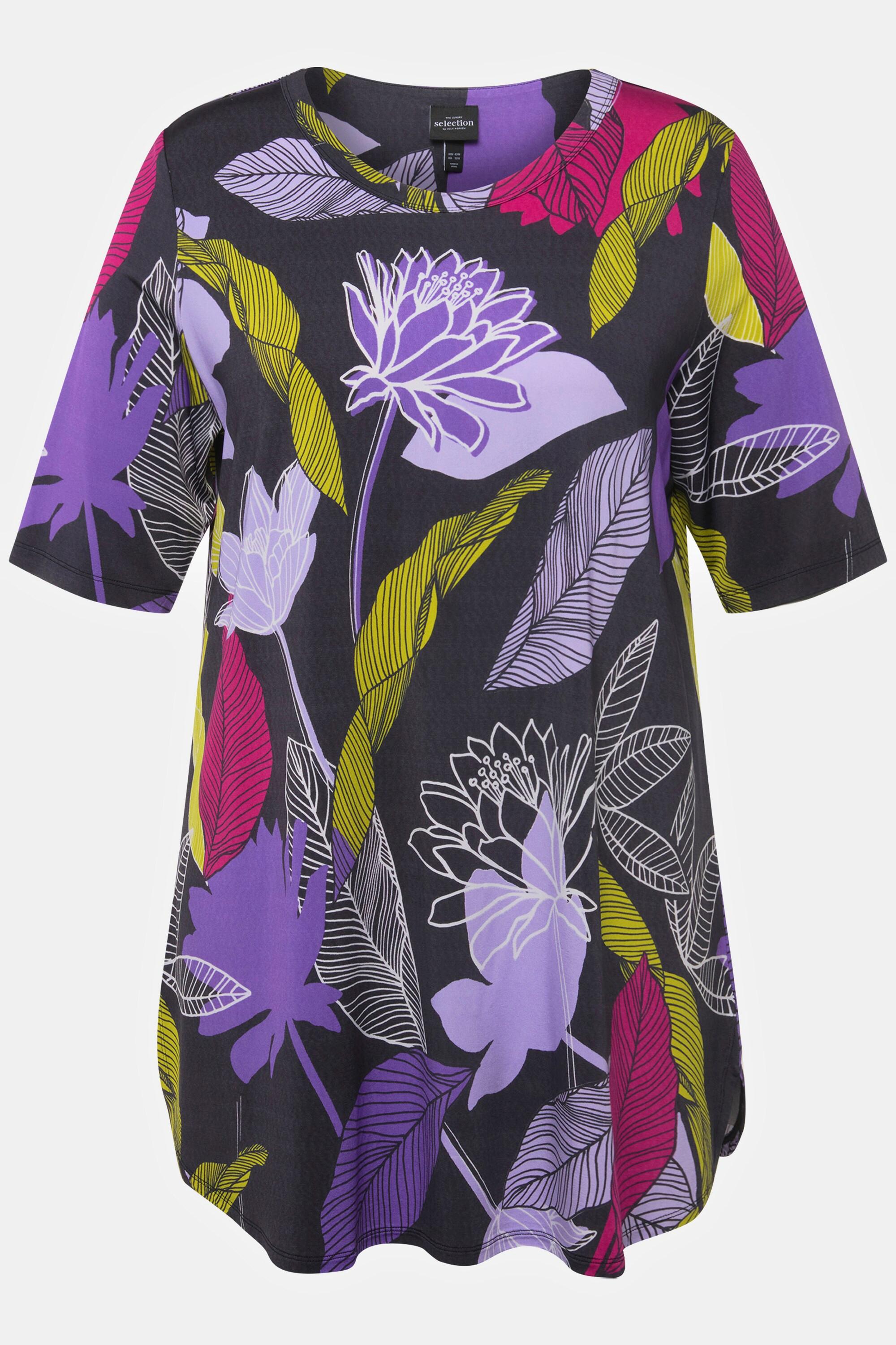 Ulla Popken  T-shirt en tissu fluide, fleurs, coupe évasée, col rond, manches courtes 