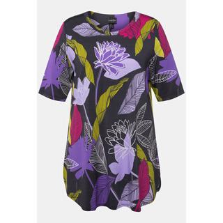 Ulla Popken  T-shirt en tissu fluide, fleurs, coupe évasée, col rond, manches courtes 