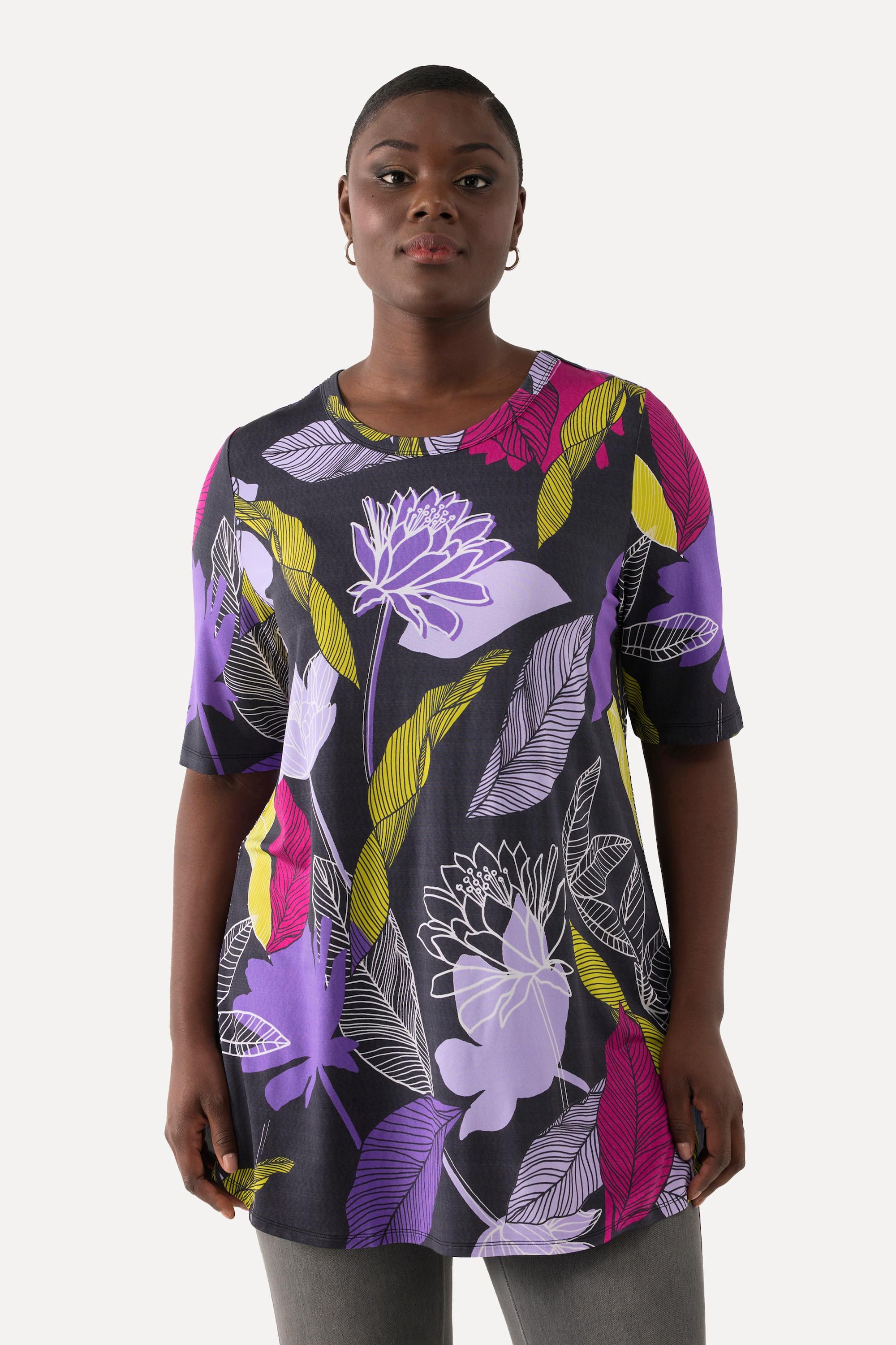 Ulla Popken  T-shirt en tissu fluide, fleurs, coupe évasée, col rond, manches courtes 