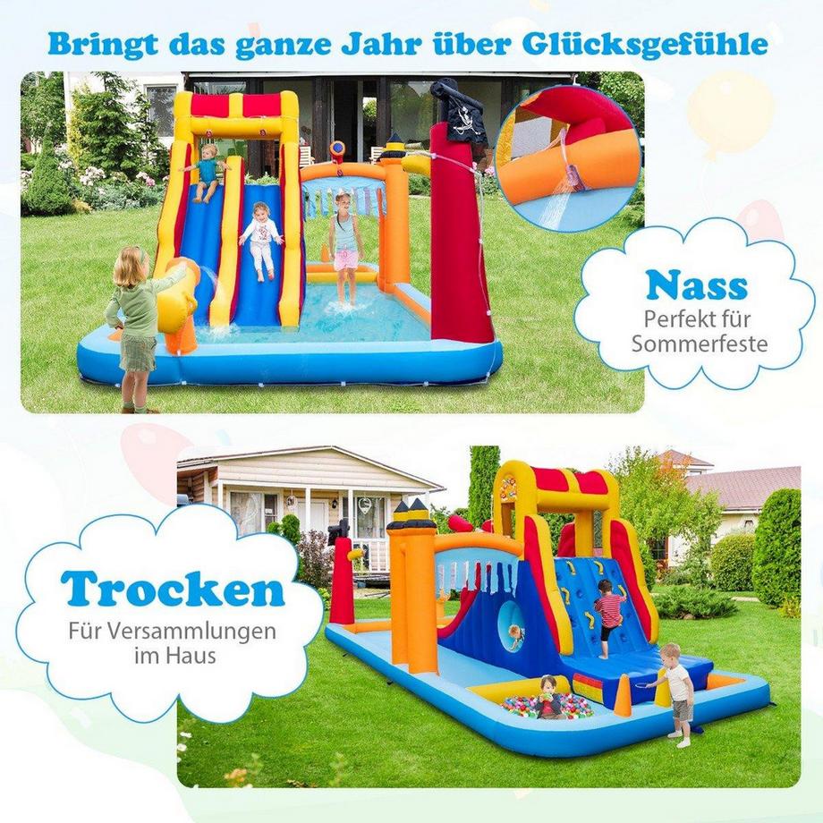 Northix  Hüpfburg mit Zwei Rutschen Kletterwand Kriechhöhle Wasserkanone & Planschbecke 693 x 295 x 263 cm 